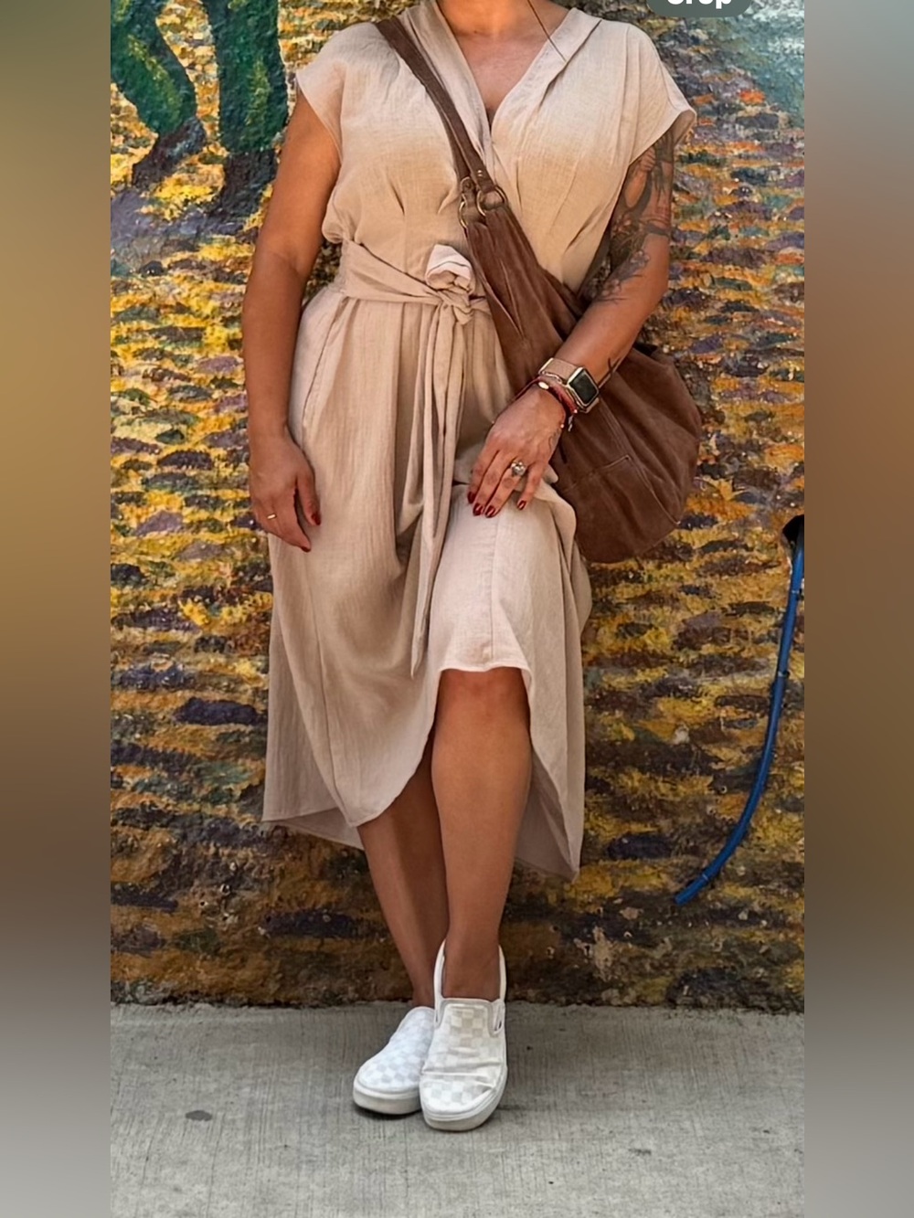 Max Studio | Taupe V-Neck Wrap Midi Dress with Tie Waist